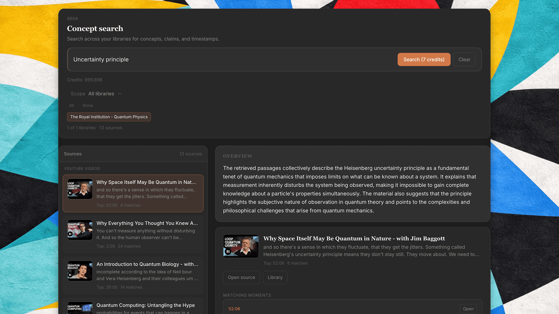 ConceptSeek concept search results across selected sources