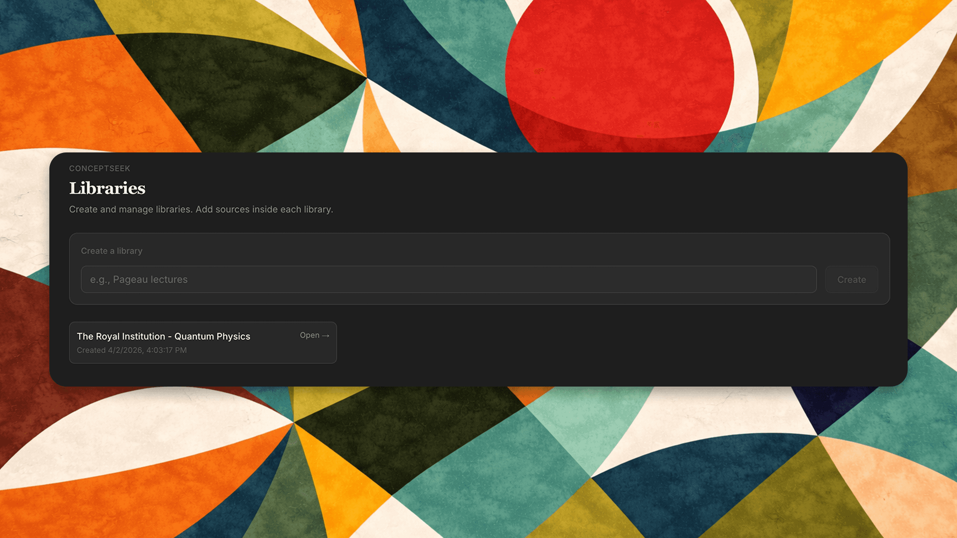 ConceptSeek libraries page for creating a library